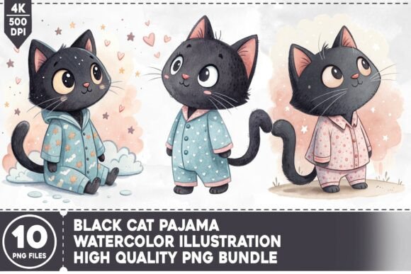 Black Cat Pajama PNG Bundle: Design Assets for Cozy Creations