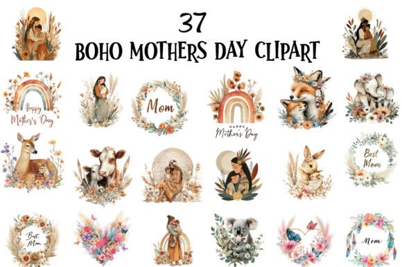 Boho Mother’s Day Clipart: Watercolor Art for Heartfelt Designs