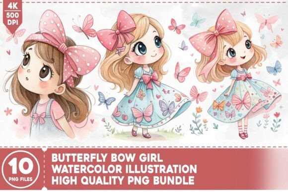 Butterfly Bow Girl PNG Bundle: Charming Graphics for Creative Projects