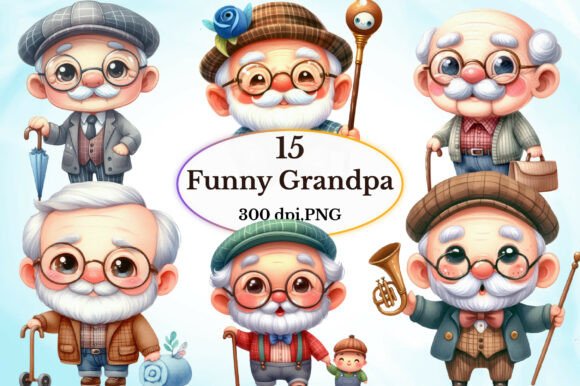 Capture Character with Watercolor Funny Grandpa Clipart