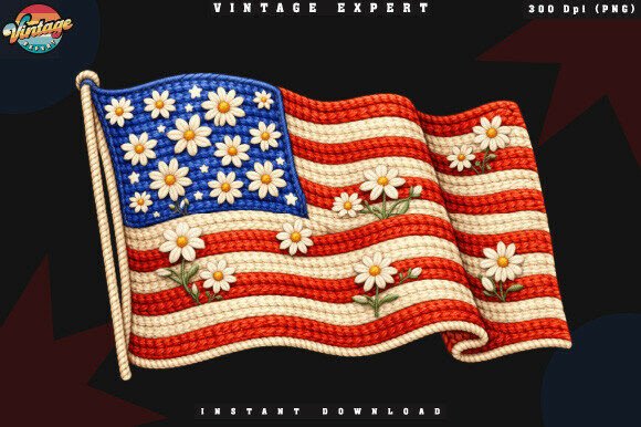 Daisy Patriotic Flag Crochet Yarn PNG for Handmade Projects