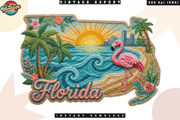 Flamingo Florida Crochet Yarn Faux PNG: Vibrant Tropical Design Asset
