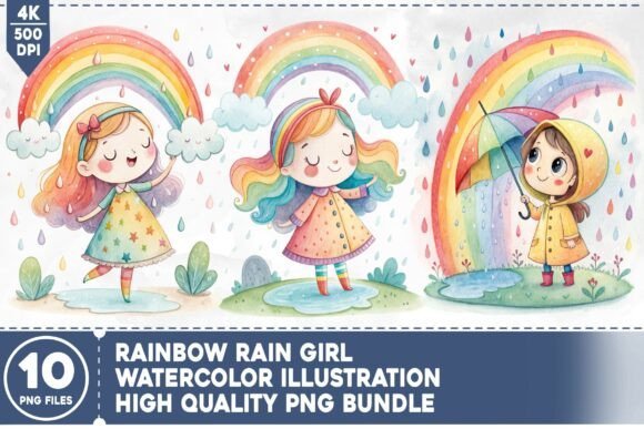 Rainbow Rain Girl PNG Bundle: Creative Versatility