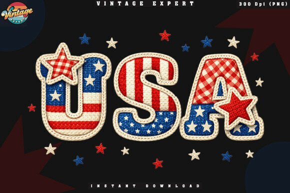 USA Crochet Yarn Faux Patchwork PNG for Patriotic Crafts