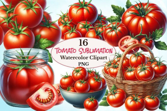 Vibrant Watercolor Tomato Sublimation Clipart for Crafts