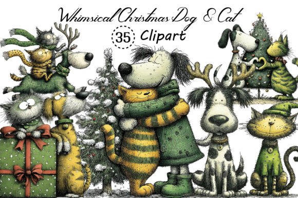 Whimsical Christmas Dog & Cat Clipart for Holiday Designs