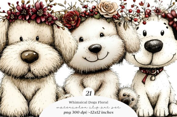 Whimsical Dogs Floral Clipart: Playful Charm for Creative Projects