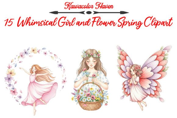 Whimsical Girl and Flower Spring Clipart: Creative Assets